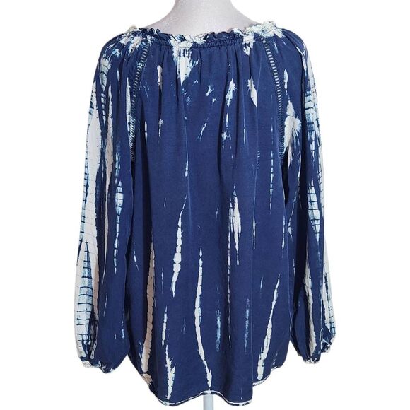Knox Rose Navy Boho Peasant Blouse Size Medium Navy and White Dyed Top - Picture 2 of 10